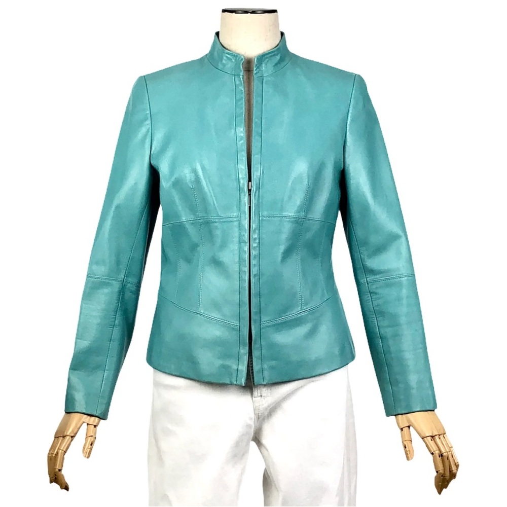 Lafayette 148 New York Turquoise Leather Motto Jacket with Front Zipper 8